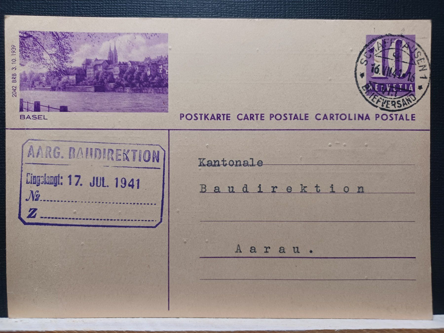 Tutti i francobolli: Bildpostkarte, Basel, Aarg. Baudirektion, 1939/1941 – Usato da Aarau Rohr venduto da mgvw