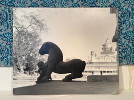 Indien – Tempel mit Pferdeskulptur – Bild Vintage S/W
