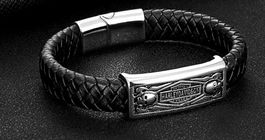 Bracelet cuir noir Harley Davidson, acier inoxydable J116