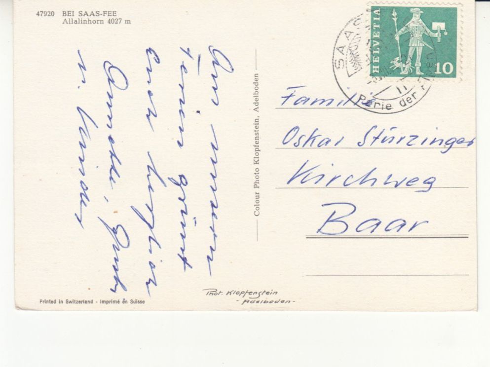 Cartes postales: Saas Fee Allalinhorn 1963 – D'occasion à Bürglen TG par StampGraf 1