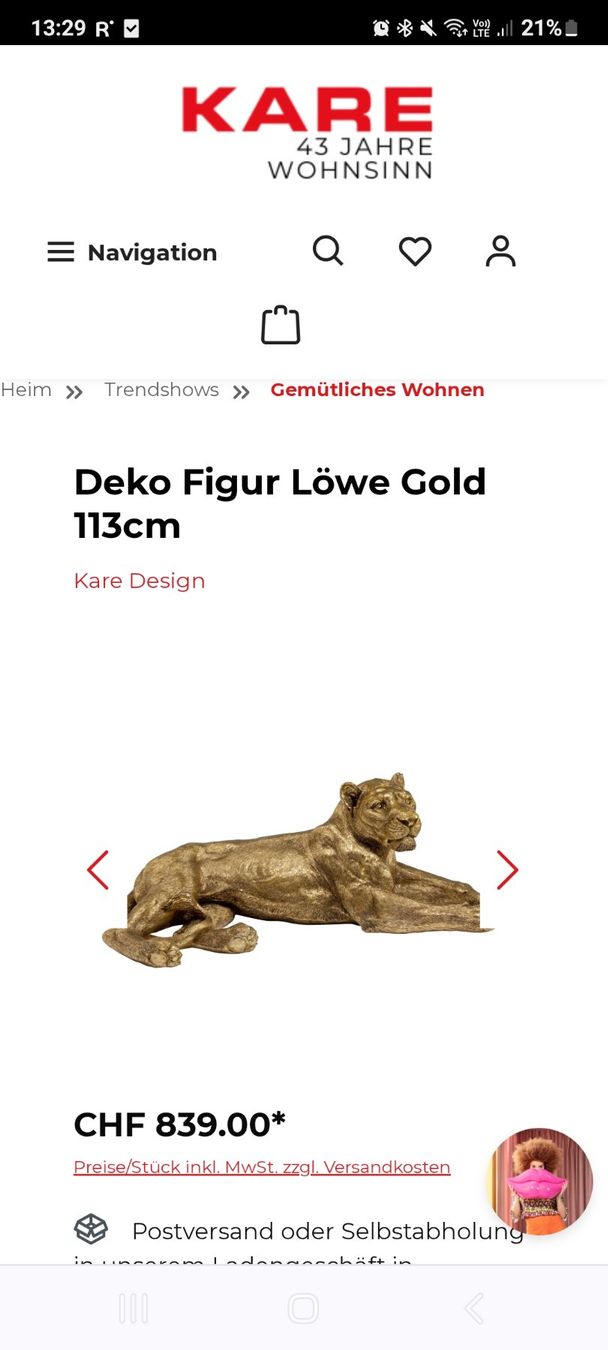 Kare Figurines: Deko Figur Löwe Gold 113cm – Neuf avec emballage d'origine à Oftringen par Leleni