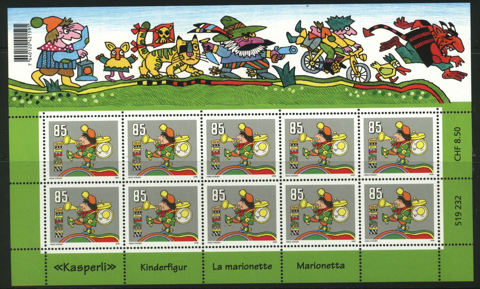 Tutti i francobolli: 2006, Sondermarke Kinderfigur Kasperli, Kleinbogen ** – Usato da Willisau venduto da Vollstempel