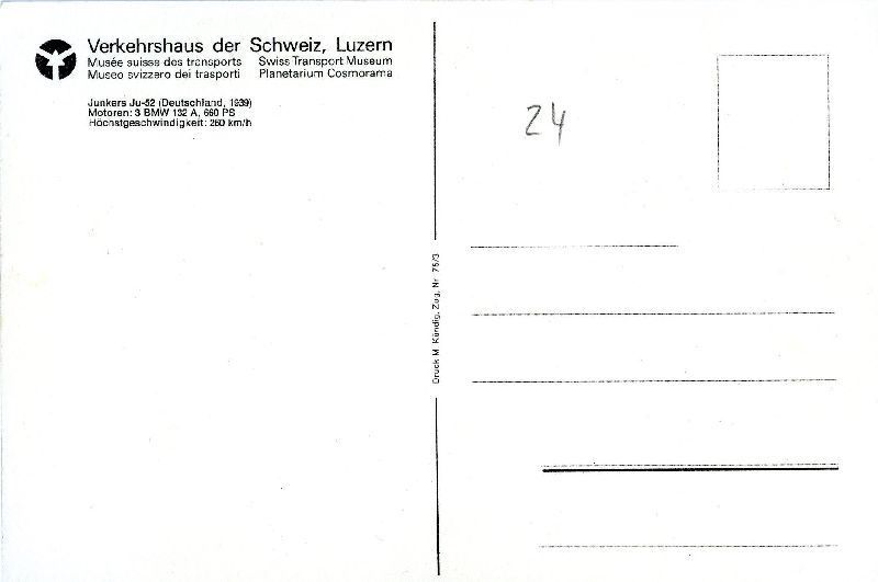 Cartoline postali: JU52 - Junker + c1980 – Usato da Emmenbrücke venduto da teestube 1