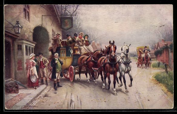 Cartoline postali: Sanderson-Wells: Old Times Coach leaving – Usato da Berlin venduto da bartko-reher