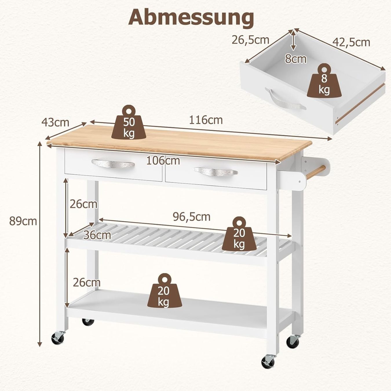 Dessertes: Küchenwagen mit Arbeitsplatte Holz-Weiß – Neuf avec emballage d'origine à Bottighofen par zaap 8