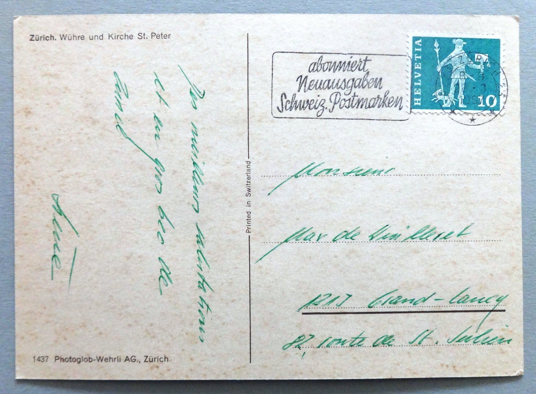 Cartoline postali: Zürich, Wühre und Kirche St. Peter – Usato da Fétigny venduto da Billy2miny 1