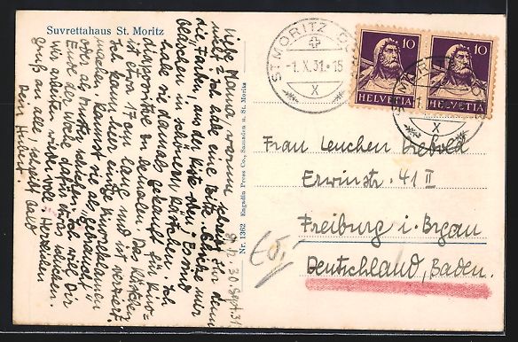 Cartoline postali: AK St. Moritz, Hotel Suvrettahaus, 1931 – Usato da Berlin venduto da bartko-reher 1