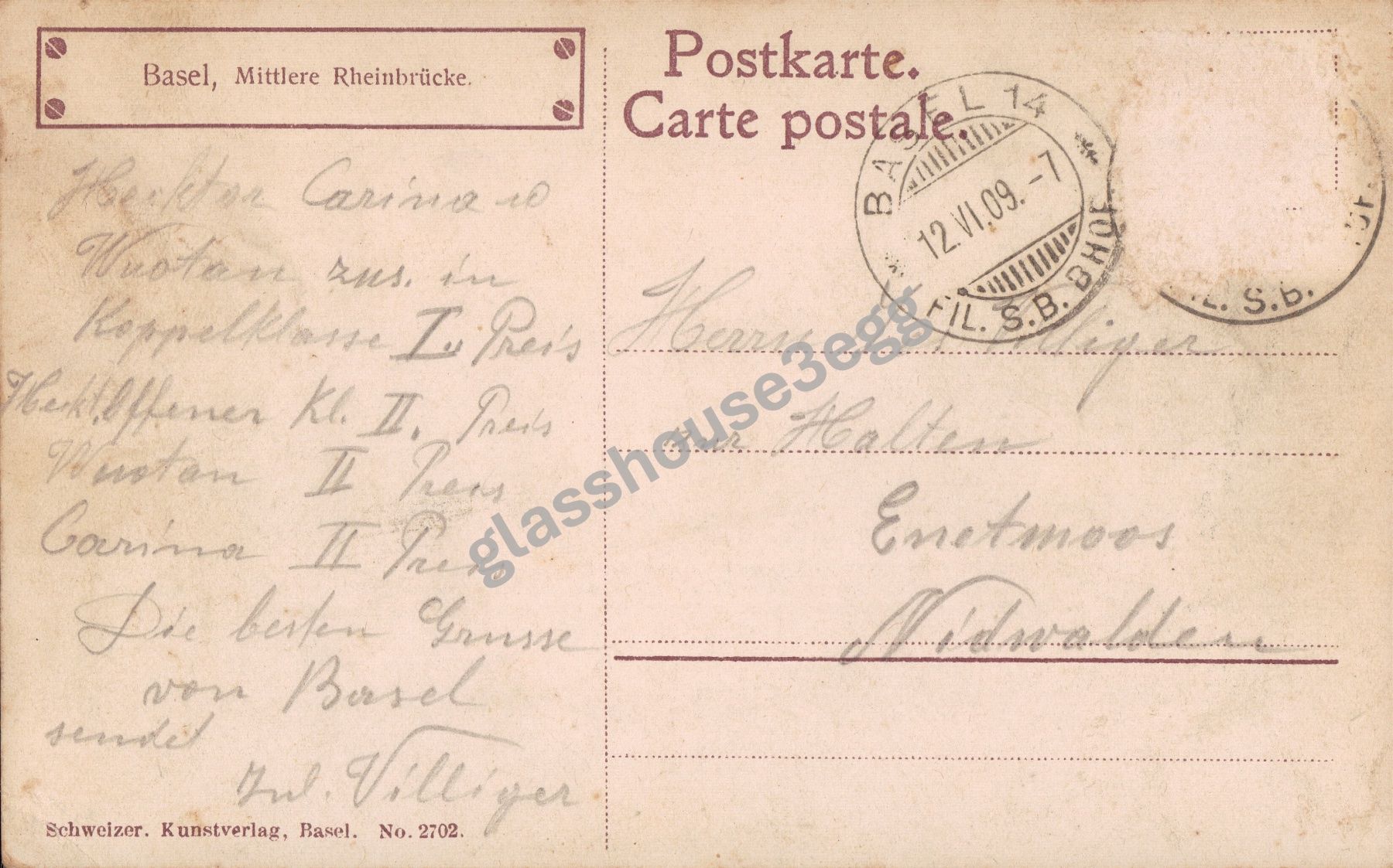 Cartoline postali: AK 1909 Basel, Mittlere Rheinbrücke – Usato da Eggersriet venduto da glasshouse3egg 1