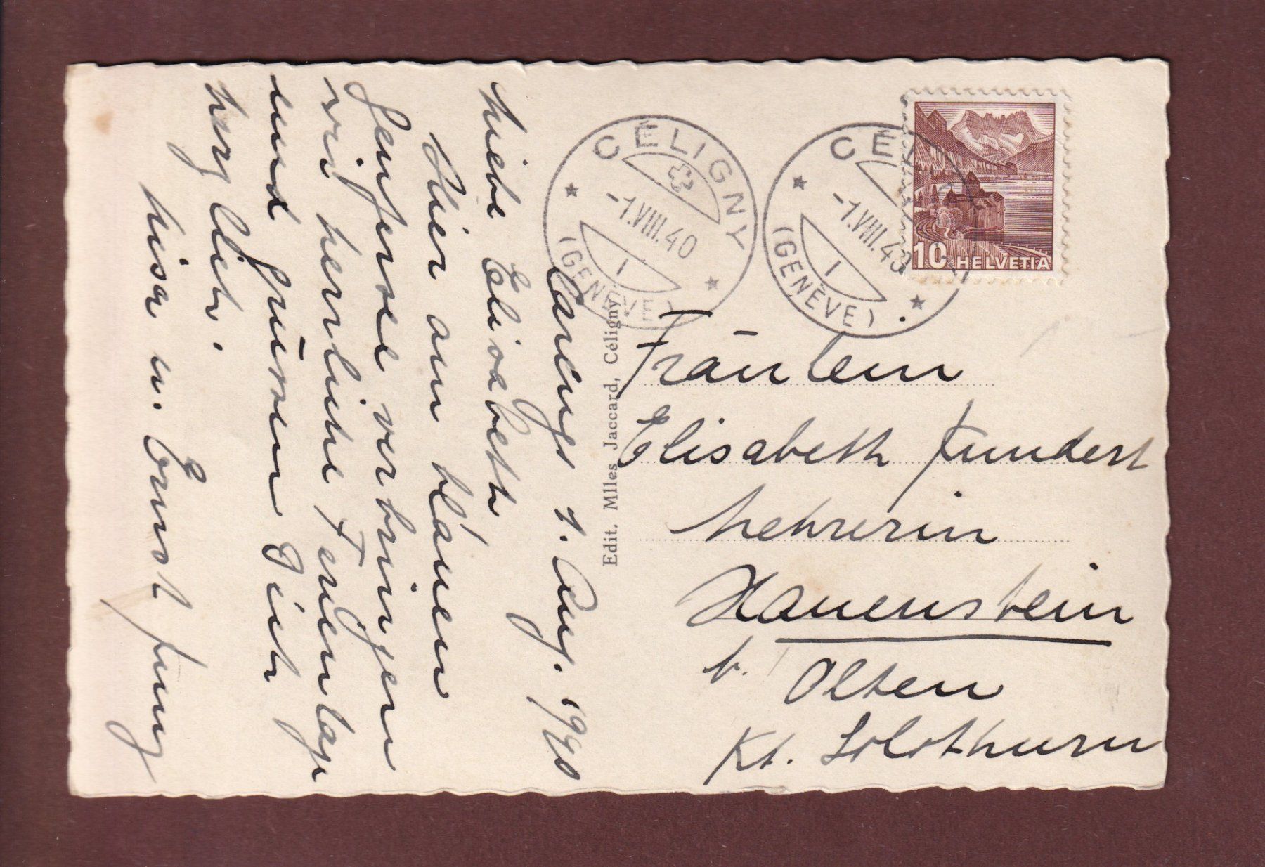 Cartoline postali: CELIGNY - Garengo - 1940 – Usato da Pully venduto da nicecards 1