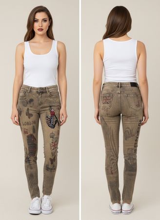 Trendige Coole Jeans mit Perlen und Aufdruck Gr M NEU