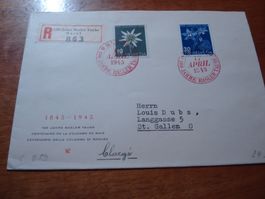 Brief 1945, roter Sonder-o 100 Jahre Basler Taube