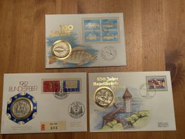 3 Gedenkmedaillen mit Briefmarken 