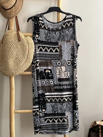 😎🏖️😎 Robe d'été "MISS&MAX" noir imprimé L-XL, Neuf