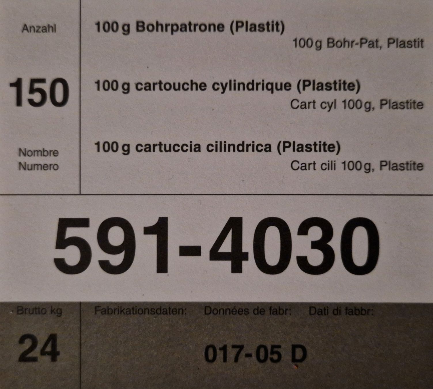 Schweizer Armee Uniformi: Schweizer Armee Mun Schildli 100g Bohrpatrone Plastit – Usato da Rüfenach AG venduto da Rebar75