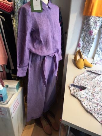 Marella Leinen Sommer Anzug Bluse m Zipfel u Hose lila Gr 40