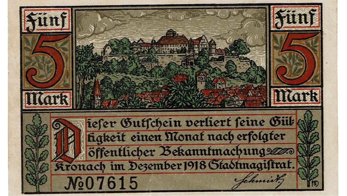 Banknoten: Kronach 5 Mark 12.1918 SS++-VZ – Gebraucht aus Steffisburg von ber_8htf 1