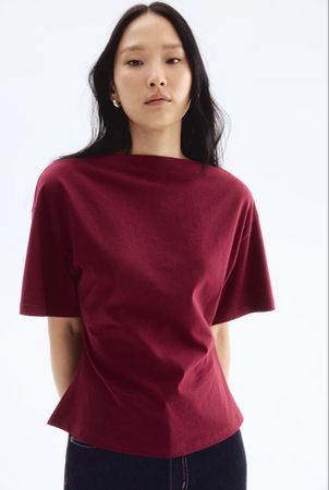 CINCHED WAIST BAT WING SLEEVE BURGUNDY TSHIRT TOP