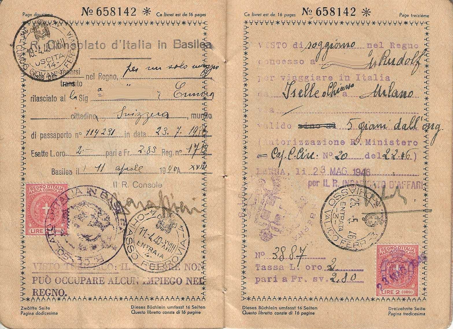 Documenti: Schweizerpass 1936 Basel. Div. Zollmarken Italien – Usato da Basel venduto da Bingis 5