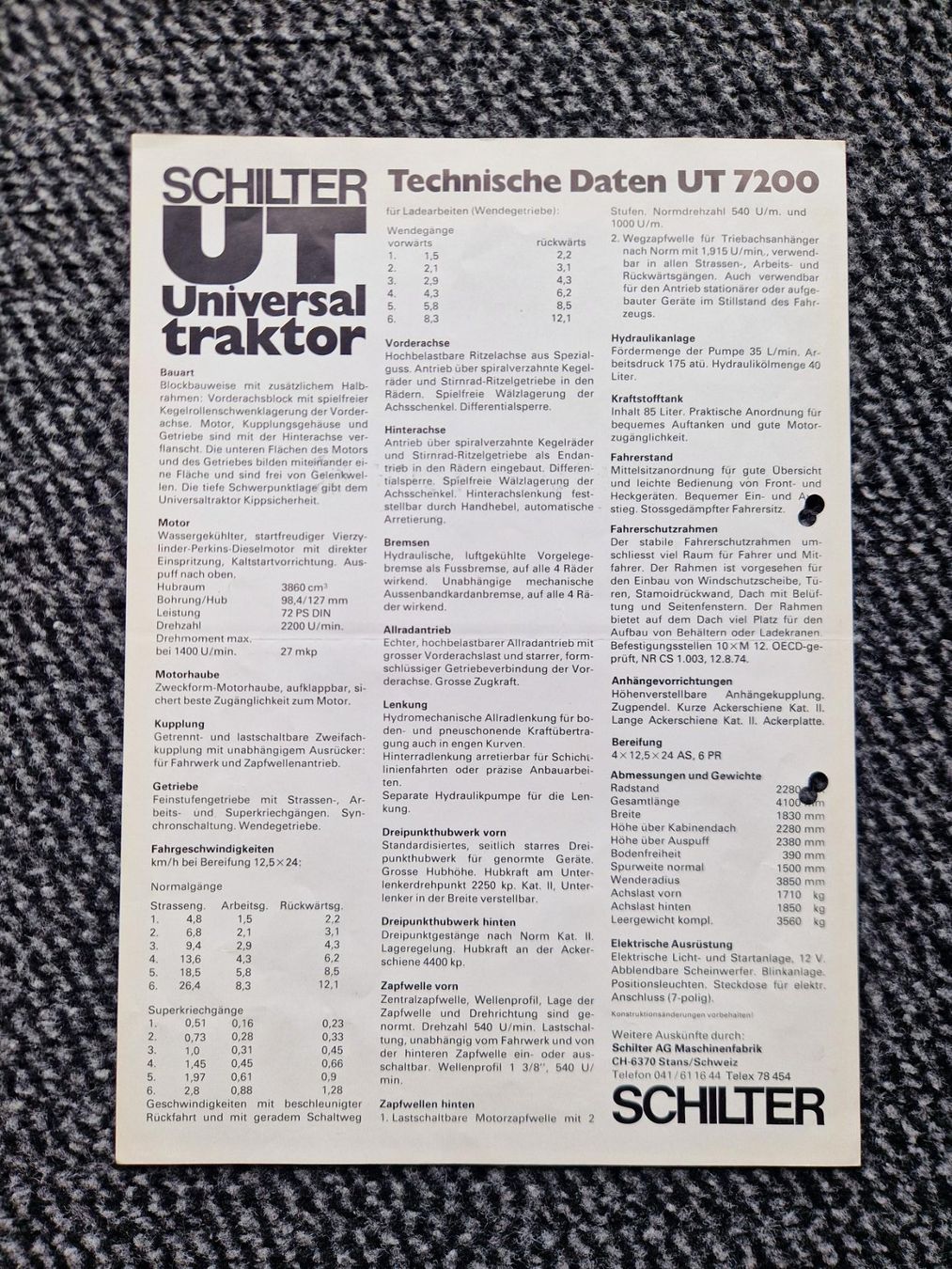 Schilter Trattori: Original Prospekt Schilter UT7200 Traktor – Usato da Dürnten venduto da Bachtel84 1