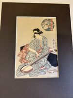 Holzschnitt Japan Frau mit Instrument guter Zustand