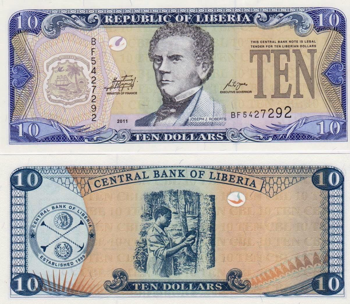 Billets de banque: LIBERIA  10 DOLLARS 2011 (UNC) – Neuf (Voir description) à Sonceboz-Sombeval par Simuncons