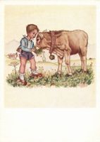Künstlerkarte Arnulf, Kuh und Junge, Mundgemalt, Original!