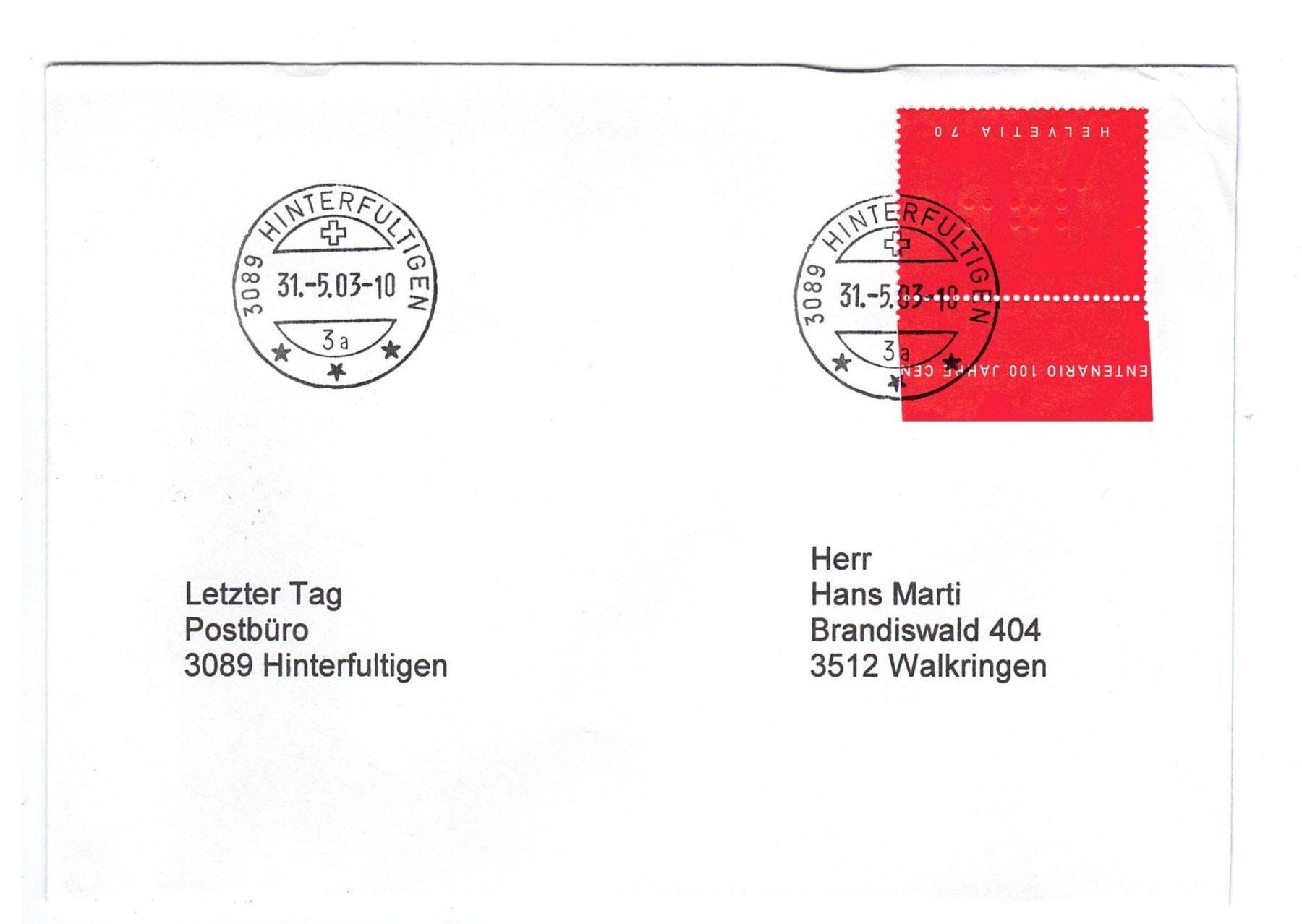 Tous les timbres: Letztagsbrief:  Poststelle 3089 HINTERFULTIGEN – D'occasion à Büetigen par philat