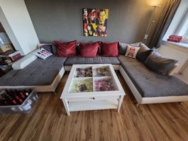 Wohnlandschaft Sofa Ecksofa Stoff grau/weiss Gebraucht