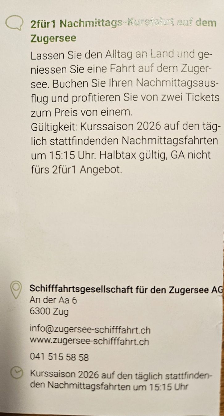 Bons: Schifffahrt Zugersee 50% Rabatt – Neuf avec emballage d'origine à Uezwil par Jasmin_ 1