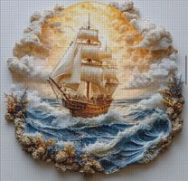 Kreuzstich-Handarbeit-Sticken-Segelschiff-Bild-Deko- 36x30cm