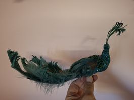 neu: Deko Pfau mit Glitzer und Federn in petrol