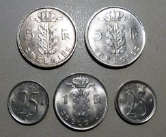 Belgische Münzen 5 franc, 1 franc, 25 cent 1964-1973 5er Lot