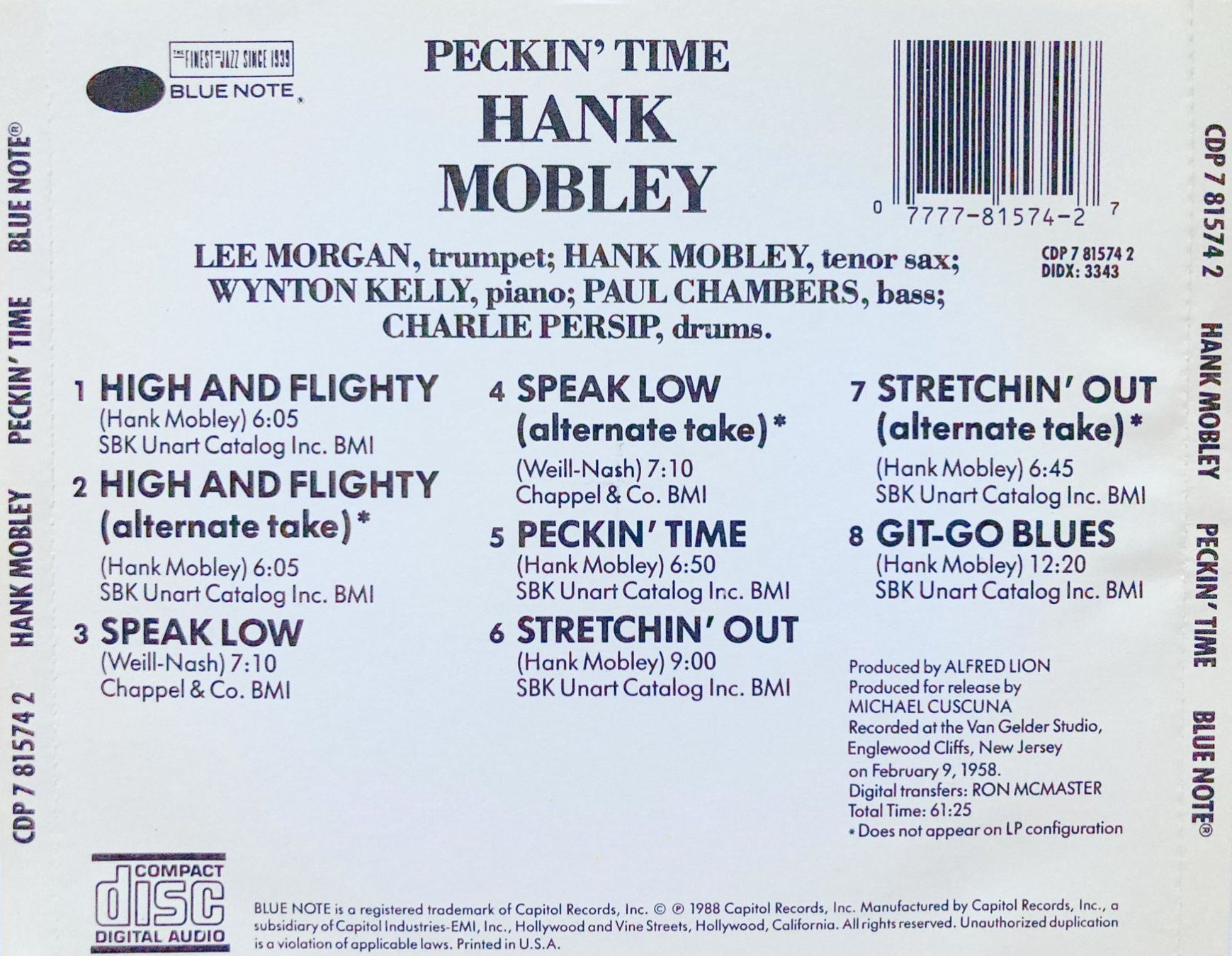CD: HANK MOBLEY / LEE MORGAN - PECKIN' TIME – Usato da Bottens venduto da hotter-than-hell 1