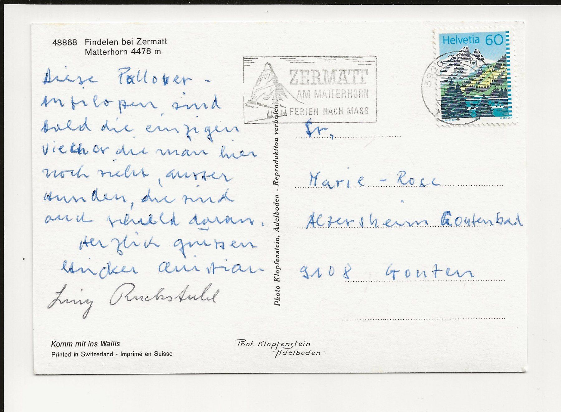 Cartoline postali: AK ca 1990 Findelen bei Zermatt - Schwarzkopf Schaffe – Usato da Greifensee venduto da 315WDO 1