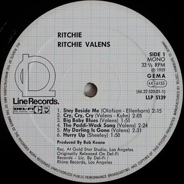 Dischi in vinile: LP- RITCHIE VALENS Ritchie (Black Line Series, Germany 1981) – Usato da Morges venduto da evnocha3 2
