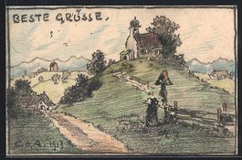 Handgemalt sign. Carl O. Arends: Kirche 
