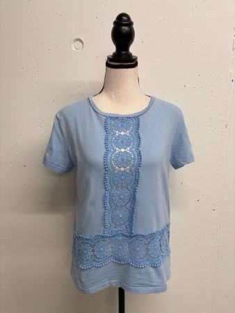 Sandro T-Shirt mit Spitze Gr. 36 hellblau Baumwolle Shirt
