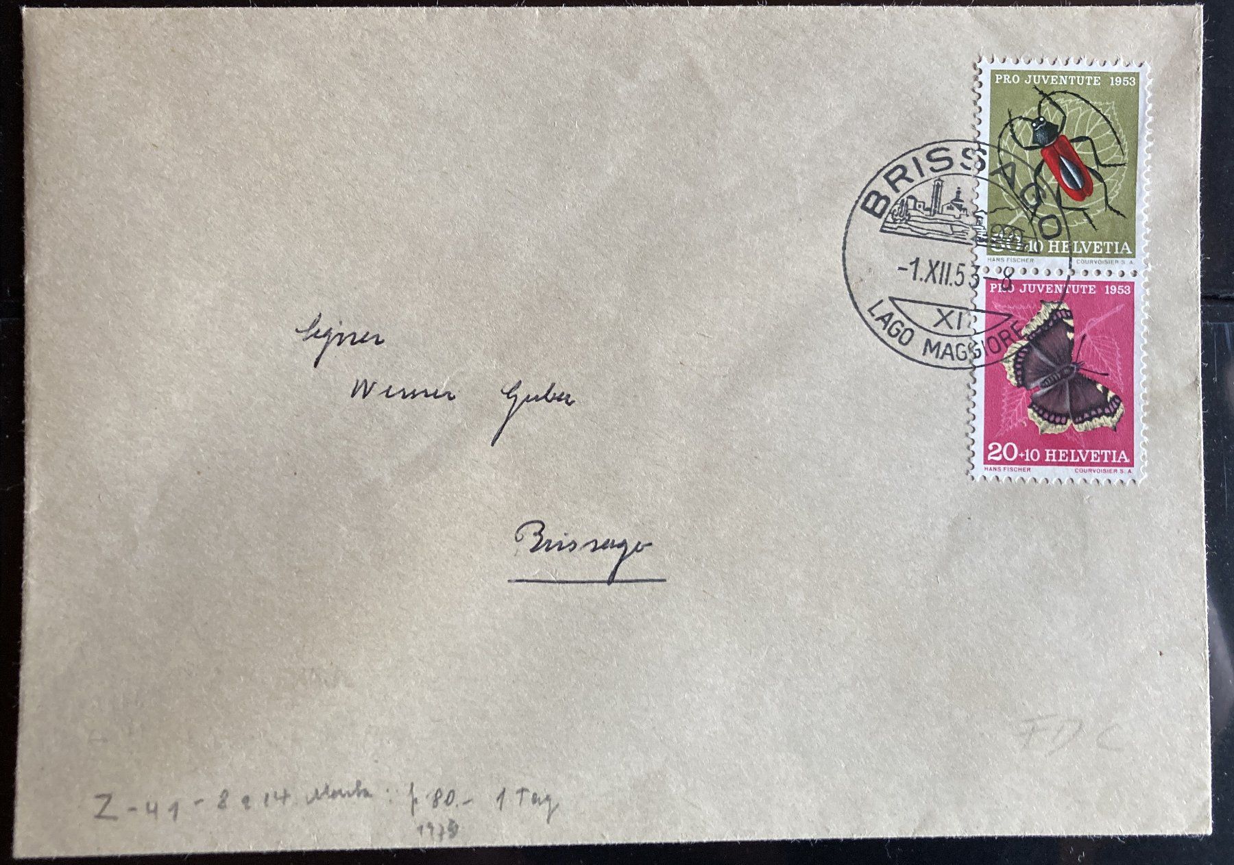 Tutti i francobolli: FDC PJ 1953 Z41 ET 'BRISSAGO', SBK 110 Fr. – Usato da Flawil venduto da Furti