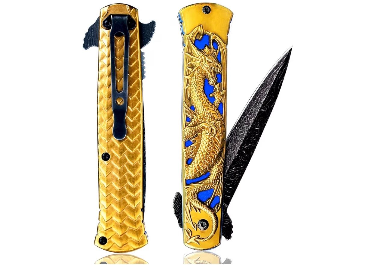 Coltelli tascabile: Klappmesser/Taschenmesser mit Drachen gold/blau – Nuovo e nell'imballaggio originale da Basel venduto da Seifehuesli