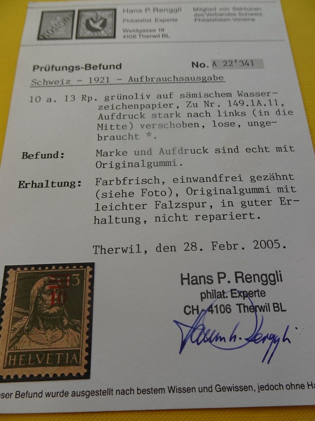 Tutti i francobolli: 1921 TELLBRUST; AUFBRAUCHSAUSGABE POSTFRISCH MIT ATTEST – Usato da Eschenbach SG venduto da eDaisy 4