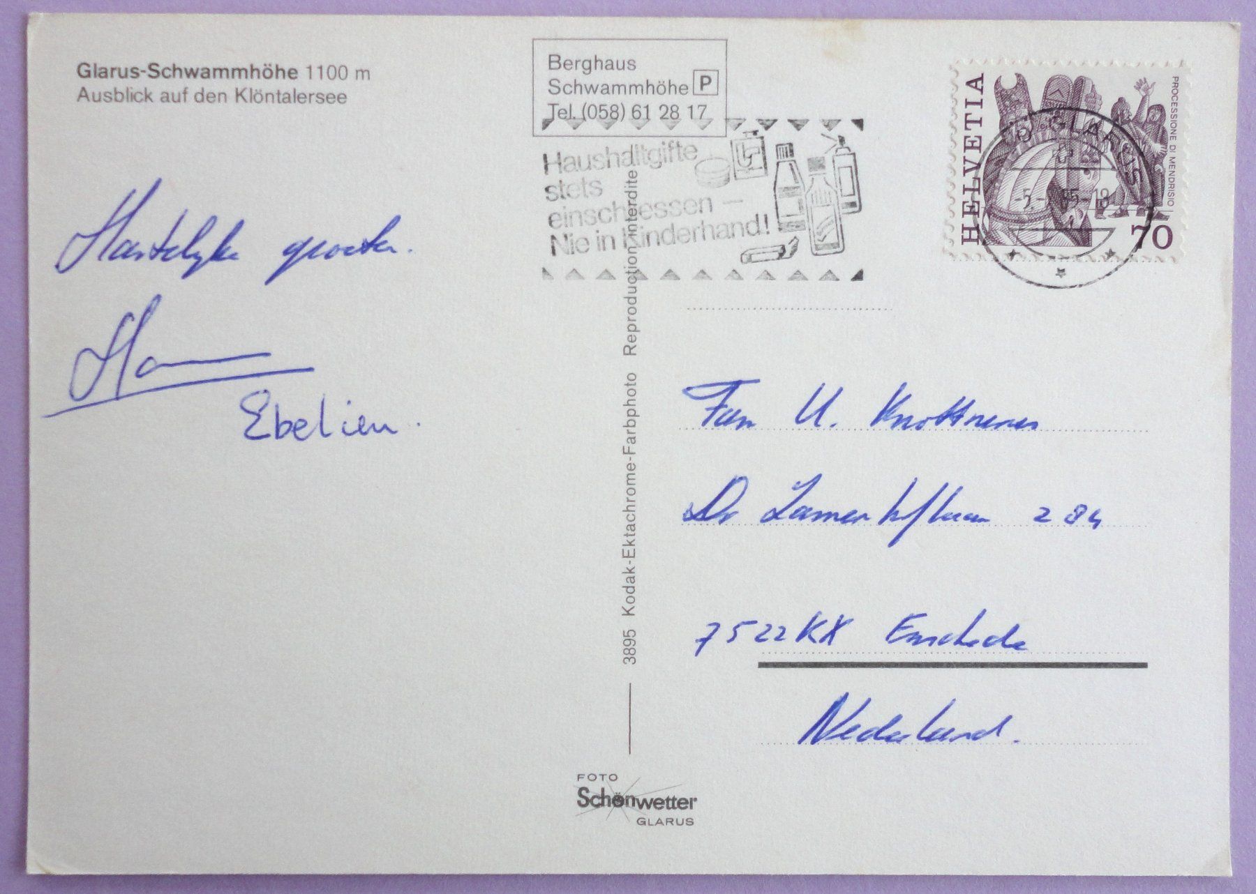 Cartoline postali: Glarus-Schwammhöhe 1100 m – Usato da Fétigny venduto da Billy2miny 1