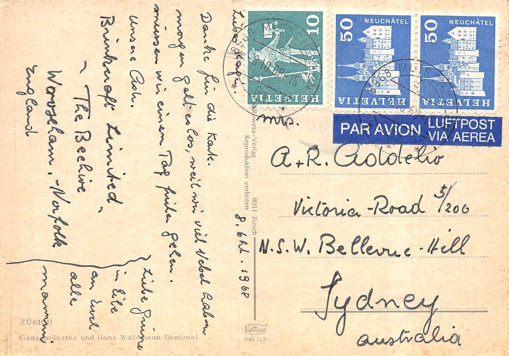 Ansichtskarten: Zürich, Grossmünster, Luftpost – Gebraucht aus Ottikon b.Kemptth. von Neptun1974 1