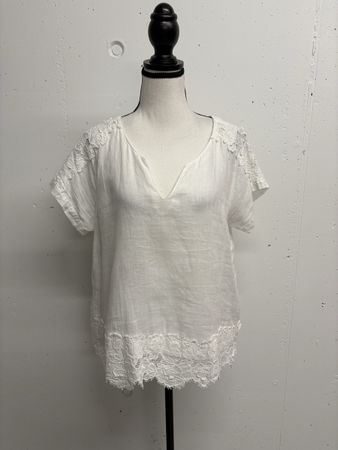 120% Lino Leinen Bluse Shirt Weiss Grösse 46 Spitze