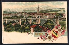Litho Bern, Ortsansicht mit Brücke, Kir