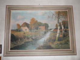 Grosses Ölgemälde Haus am Bach - C. Weibrecht
