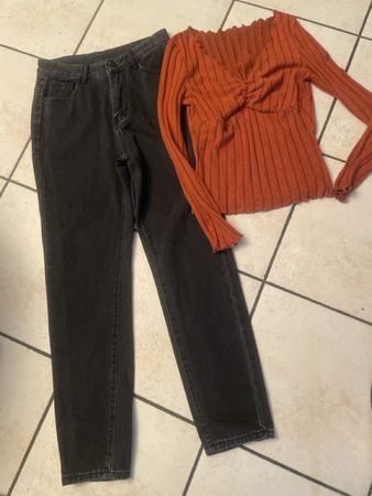 Damen Set Jeans schwarz mit Pulli rostbraun Gr.S