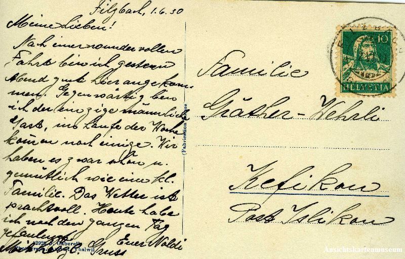 Cartoline postali: Filzbach - Lihn + 1930 – Usato da Emmenbrücke venduto da teestube 1