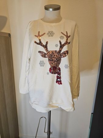 Damen Pullover weiss mit Pailletten-Rentier Grösse L