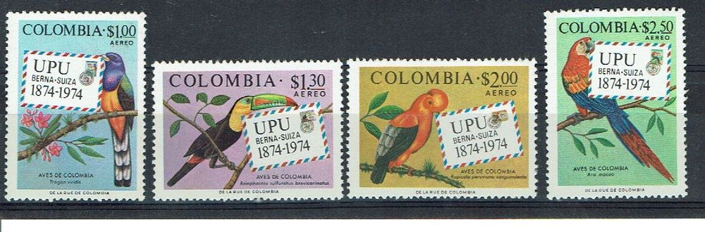 Colombie 1974 - Oiseaux, centenaire de l'UPU 1
