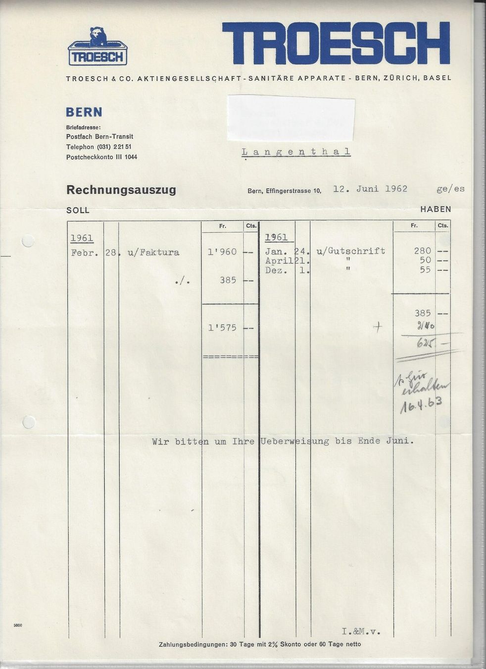 Documenti: Bern. Troesch Sanitäre Apparate 1962 – Usato da Bettlach venduto da 1saurer